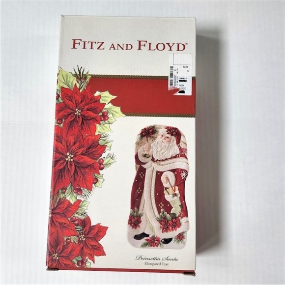 NWT Fitz and Floyd Poinsettia Santa hand painted elongated tray - Picture 3 of 5